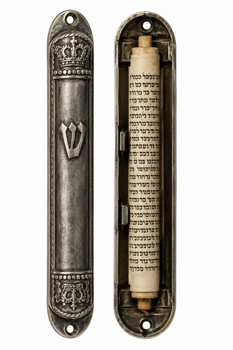 Handwritten Hebrew text on a mezuzah klaf parchment