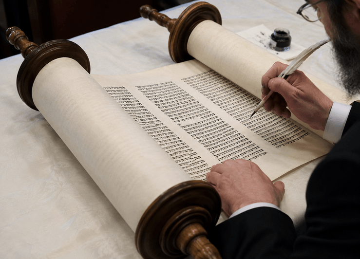Kosher parchment, quill, and ink used to write a Sefer Torah