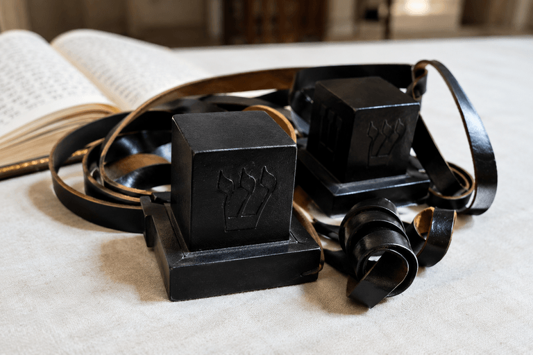Pair of kosher tefillin with handwritten Torah parchments inside