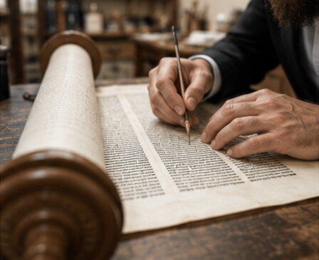 Certified Sofer STaM inspecting Hebrew letters in a Torah scroll
