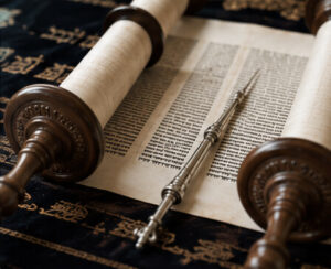Open Sefer Torah scroll with yad pointer for Torah scroll repair and restoration services