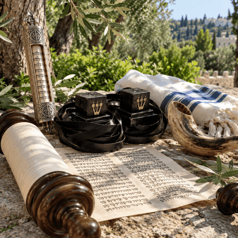 Custom Judaica and Hebrew calligraphy artwork beneath an olive tree